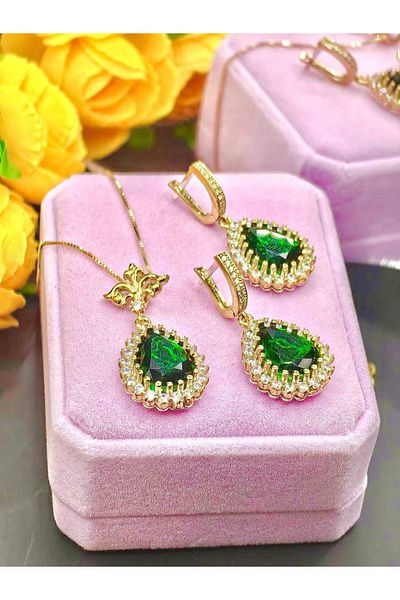 argint 925 MASSIVE EMERALD GREEN STONE NECKLACE AND EARRINGS SET