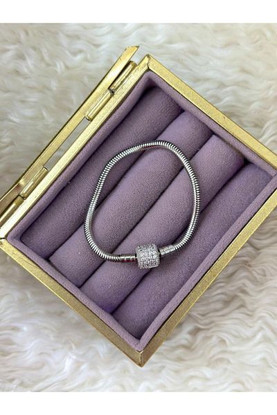 BY YASİN TOPÇU Pave Cylinder Ball Lock Snake Chain Bracelet (17cm)