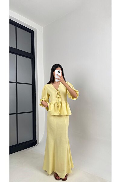 Gaus Sarı Önden Bağlama Detaylı Balon Kol Bluz Etek İkili Pinterest Keten Tak...