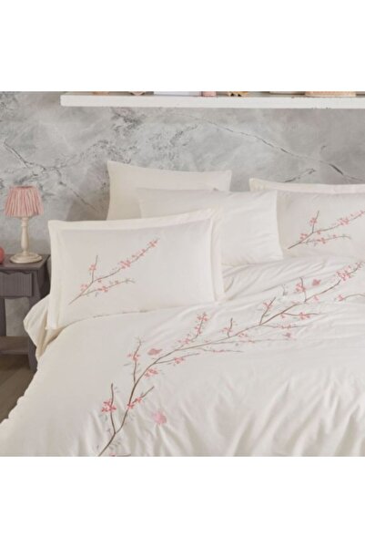 Hobby Lenjerie pat dublu din poplin fin cu broderie florala, ceaceaf pilota 200 x 220 cm, Vera Crem