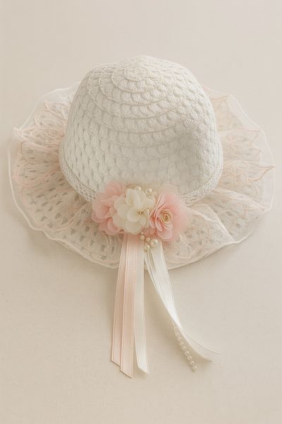 ESİLA KİDS Girls' Pink Bow Summer Straw Hat with Pearl and Bead Decoration 3-8 Years Old