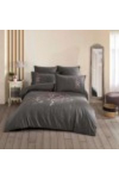 Hobby Double Bed Linen Poplin with Floral Embroidery, Duvet Cover 200x220cm, Emilia Grey