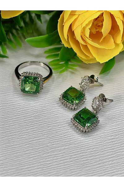 argint 925 Set inel si cercei piatra verde