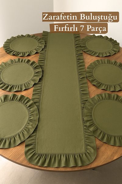 KAMİZ Ruffled Khaki Green 7 Piece Set-Ruffled Runner & Ruffled 6 Piece American Service Supla- Dowry Set