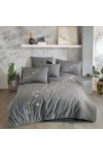 HOBBYY Double Bed Sheet Set in Fine Poplin with Floral Embroidery, Vera Grey
