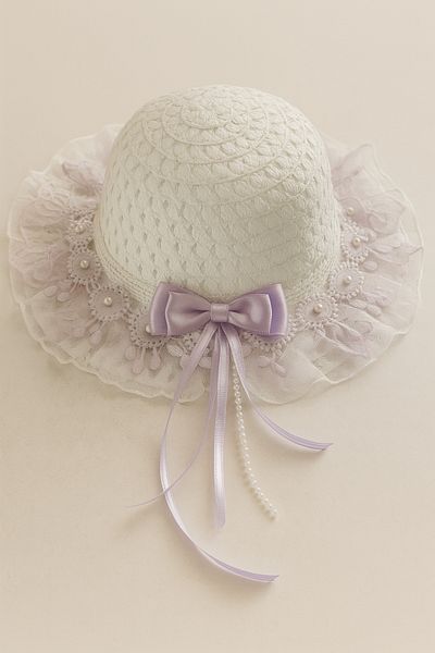 ESİLA KİDS Girls' Pink Bow Summer Straw Hat with Pearl and Bead Decoration 3-8 Years Old