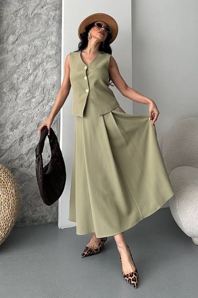 spirituel Women's Double Bottom Top Suit Buttoned Vest Long Bell Skirt Suit