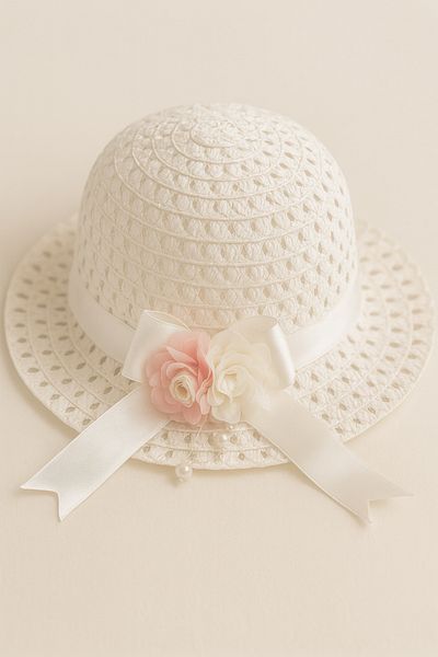 ESİLA KİDS Girls' Pink Bow Summer Straw Hat with Pearl and Bead Decoration 3-8 Years Old