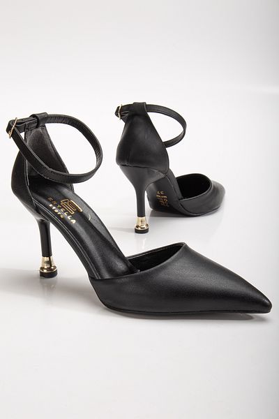 Entella Store Women's Black Leather Closed Back Pointed Stylish Heeled Stiletto Shoes