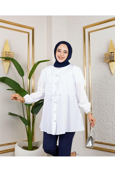 HARMAN BUTİK Women's Buttoned Tie-Up White Shirt