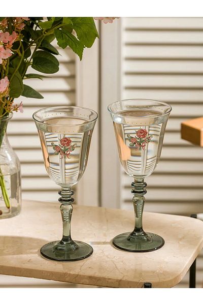 LC Waikiki Lcw Home Mixed Flower Printed Footed Glass Water Glass Set of 2 270 ml