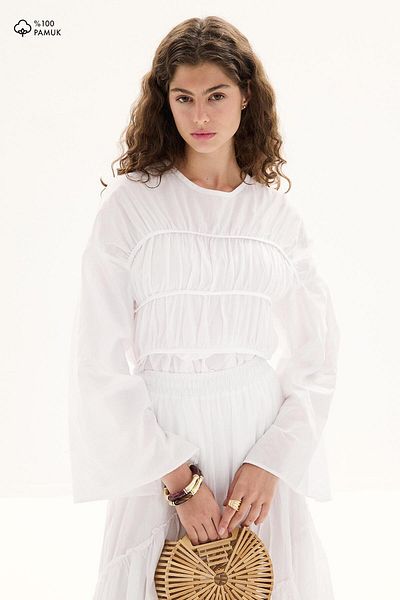 Hooopstore Voile White Tunic with Gather Detail