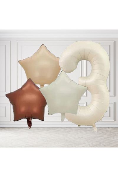 tedaks 3 Years Retro Cream Beige Brown Star Foil Balloon Set with Cream Numbers Birthday Stylish Party Ornament