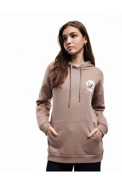 Koton Raised Long Sleeve Kangaroo Pocket Hooded Oversize Sweatshirt with Printed Back