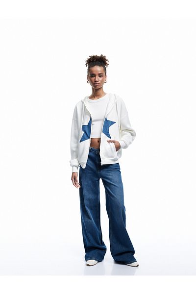 Koton Raised Hooded Star Applique Zippered Sweatshirt