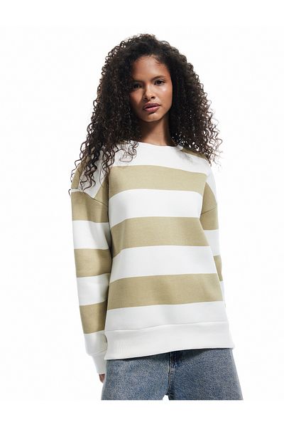 Koton Three Thread Raised Striped Crew Neck Oversize Sweatshirt