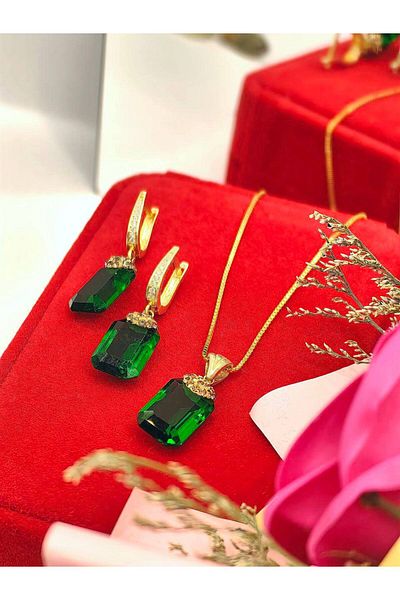 argint 925 Green stone necklace + earrings set