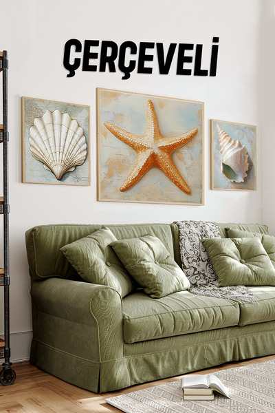 kutuTR 🌟 Deniz Yıldızı ve Kabuğu Temalı 3’lü Dekoratif Tablo Seti (23x23 cm ...