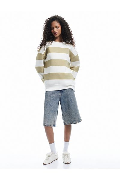 Koton Three Thread Raised Striped Crew Neck Oversize Sweatshirt