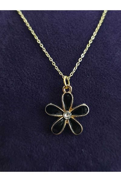 sarıyer silver Daisy Zircon Stone Flower Model Black Enamel Embroidered Yellow Color Coated Steel Necklace