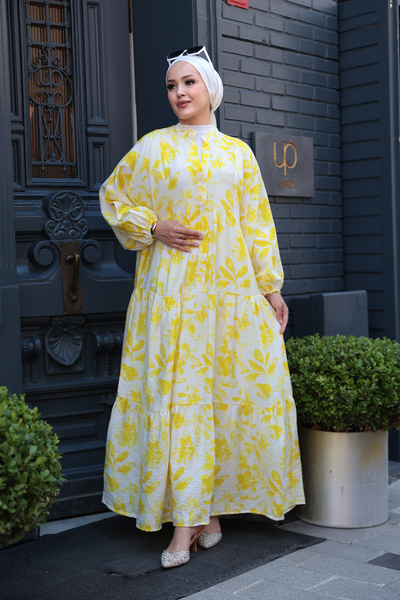 LOCCO Women's Leafy Abstract Pattern Dress Yellow