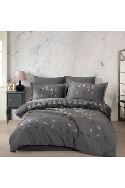 HOBBYY Double bed linen made of fine poplin with leaf embroidery, Lidia Grey