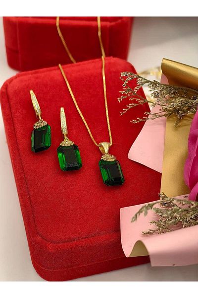 argint 925 Green stone necklace + earrings set