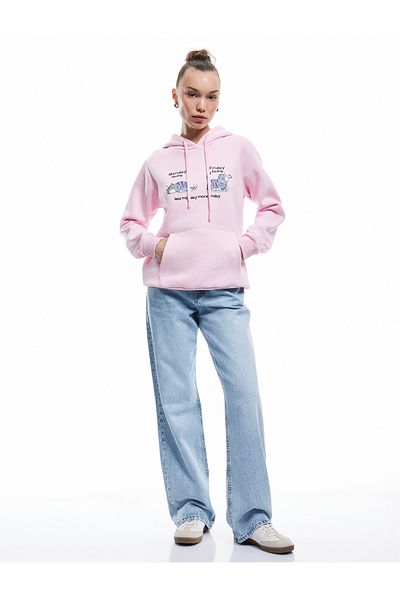 Koton Cotton Long Sleeve Kangaroo Pocket Detailed Hooded Printed Sweatshirt