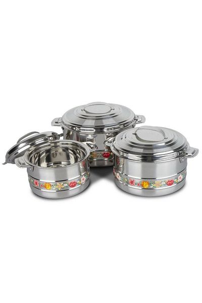 BASURRAH 3-Piece Stainless Steel Food Container Set – 4L, 6L & 8L Insulated Hot & Cold Servers