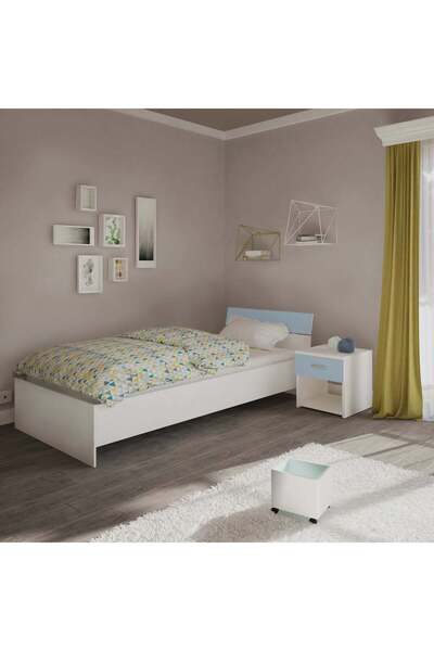 haaus.ro Noptiera Leco, 1 Sertar, Alb/Bleu, 40 x 35 x 40 cm