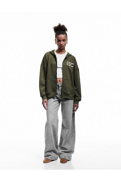 Koton Raised Kangaroo Pocket Back Printed Zippered Hooded Oversize Sweatshirt