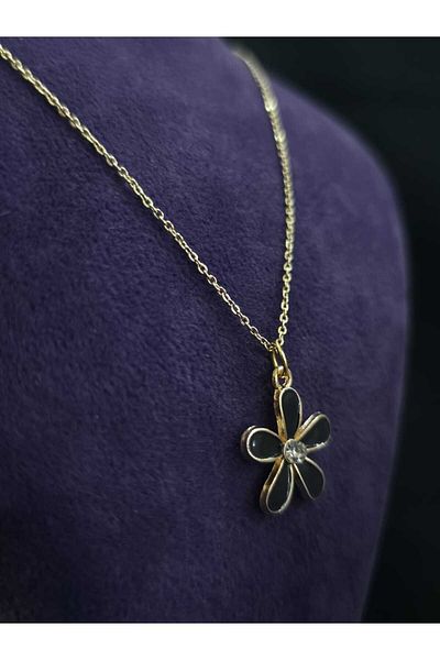 sarıyer silver Daisy Zircon Stone Flower Model Black Enamel Embroidered Yellow Color Coated Steel Necklace