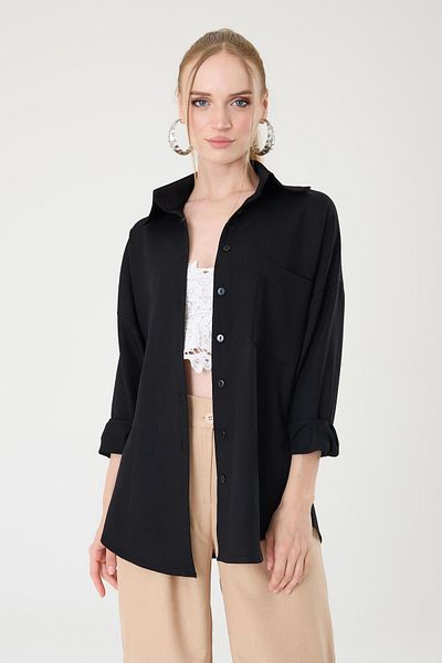 Hazel Single Pocket Oversize Linen Shirt - Black