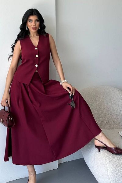 AKD Atelier Women's Double Bottom Top Suit Buttoned Vest Long Bell Skirt Suit