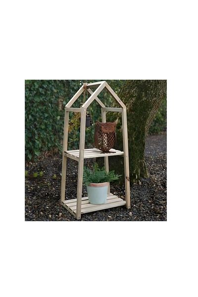 Van Der Meulen Wooden plant stand, Otto SImon, in the shape of a house with 2 shelves for flowers and pots