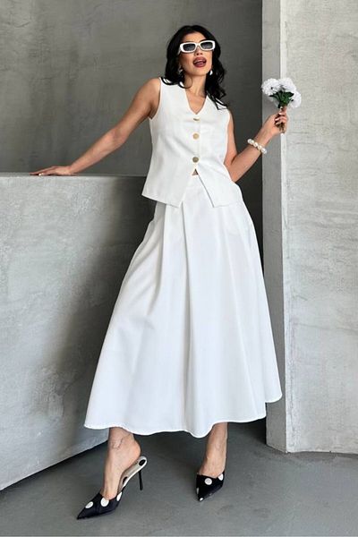 spirituel Women's Double Bottom Top Suit Buttoned Vest Long Bell Skirt Suit