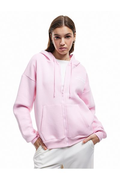 Koton Printed Long Sleeve Hooded Kangaroo Pocket Zippered Sweatshirt