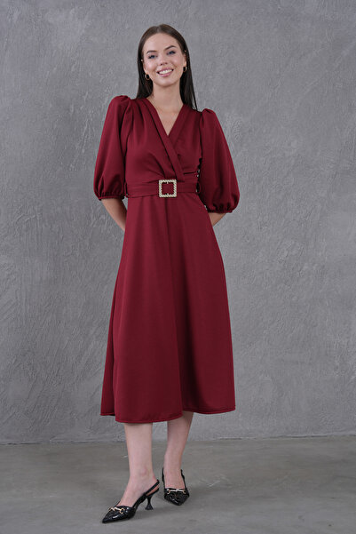 Secret Passion Lingerie Γυναικείο μπαλόνι μανίκι με πέτρα με λεπτομέρεια με ζώνη με διπλό γιακά μπορντό Midi βραδινό φόρεμα 3602