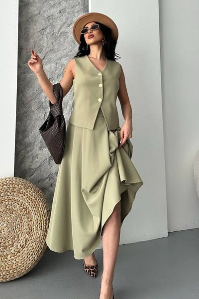 spirituel Women's Double Bottom Top Suit Buttoned Vest Long Bell Skirt Suit