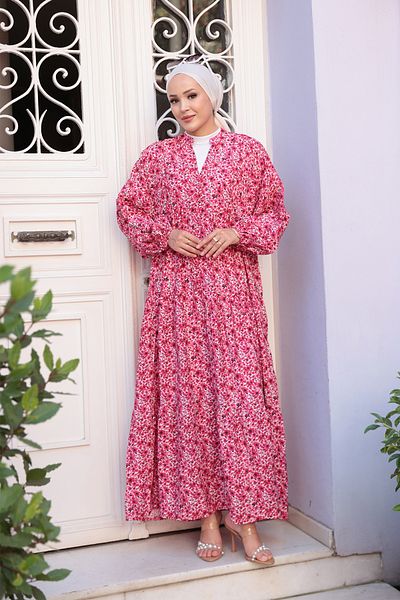 LOCCO Γυναικείο φόρεμα με μοτίβο Country Garden Φούξια