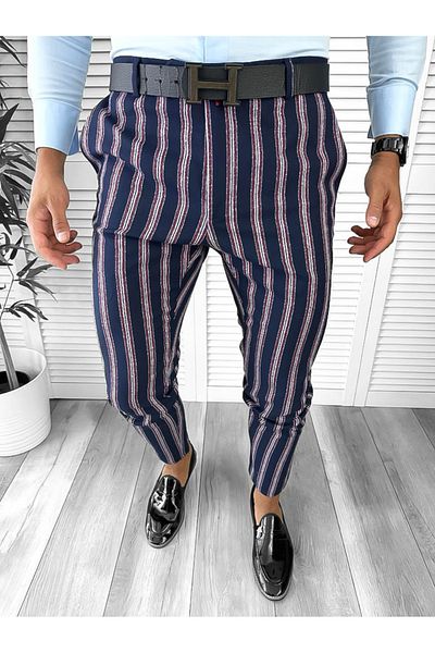 dehaine Men's casual pants, striped, slim fit, Navy blue, B1603