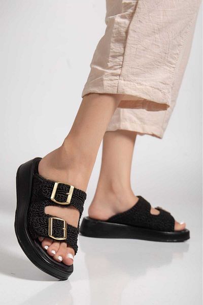 Lolo Life Women's Straw Detailed Double Buckle Slippers Poly Sole -0302