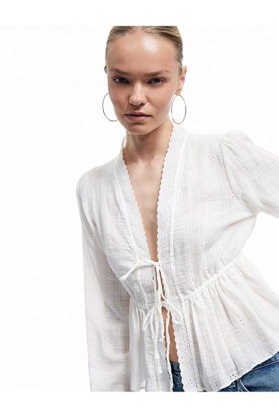 Koton Long Sleeve V Neck Viscose Blend Lace-Up Fisto Blouse