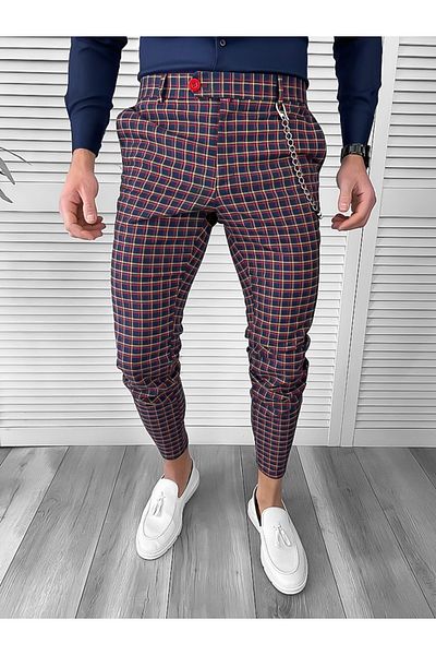 dehaine Men's casual pants, plaid, slim fit, Red, 10061