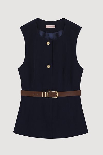 Quzu Buttoned Sleeveless Vest with Belt Accessories Navy Blue