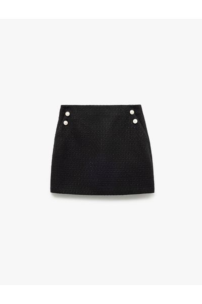 Koton A-Line Mini Tweed Skirt with Pocket Pearl Button Detail