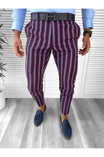 dehaine Men's casual pants, striped, slim fit, Burgundy, B1556
