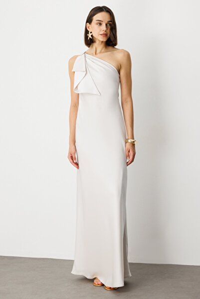 Ekol Tek Omuzu Fırfırlı Saten Elbise