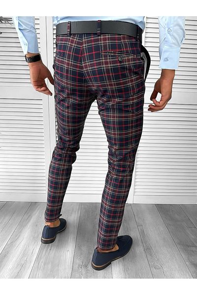 dehaine Men's casual pants, plaid, slim fit, Navy blue, B1822