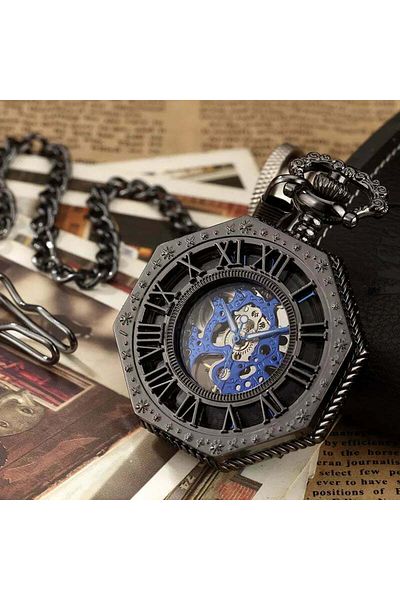 MBrands pocket watch, black with blue, skeleton, Mechanical, with chain, Vintage style, octagon Blue